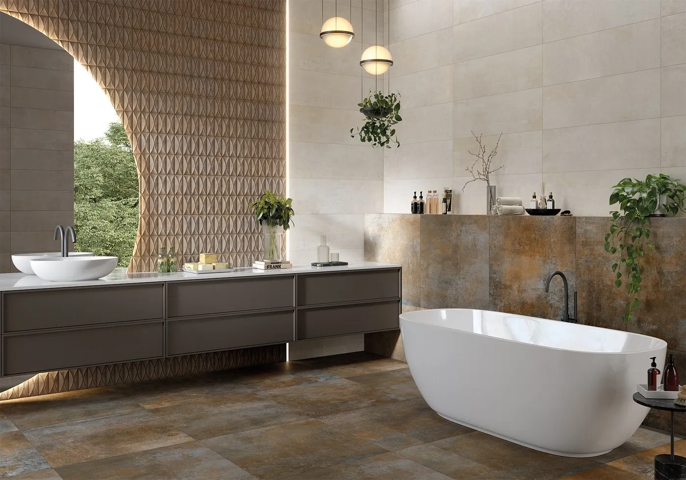 Bathroom interior combining textured ceramic walls, twin basins and a freestanding bath