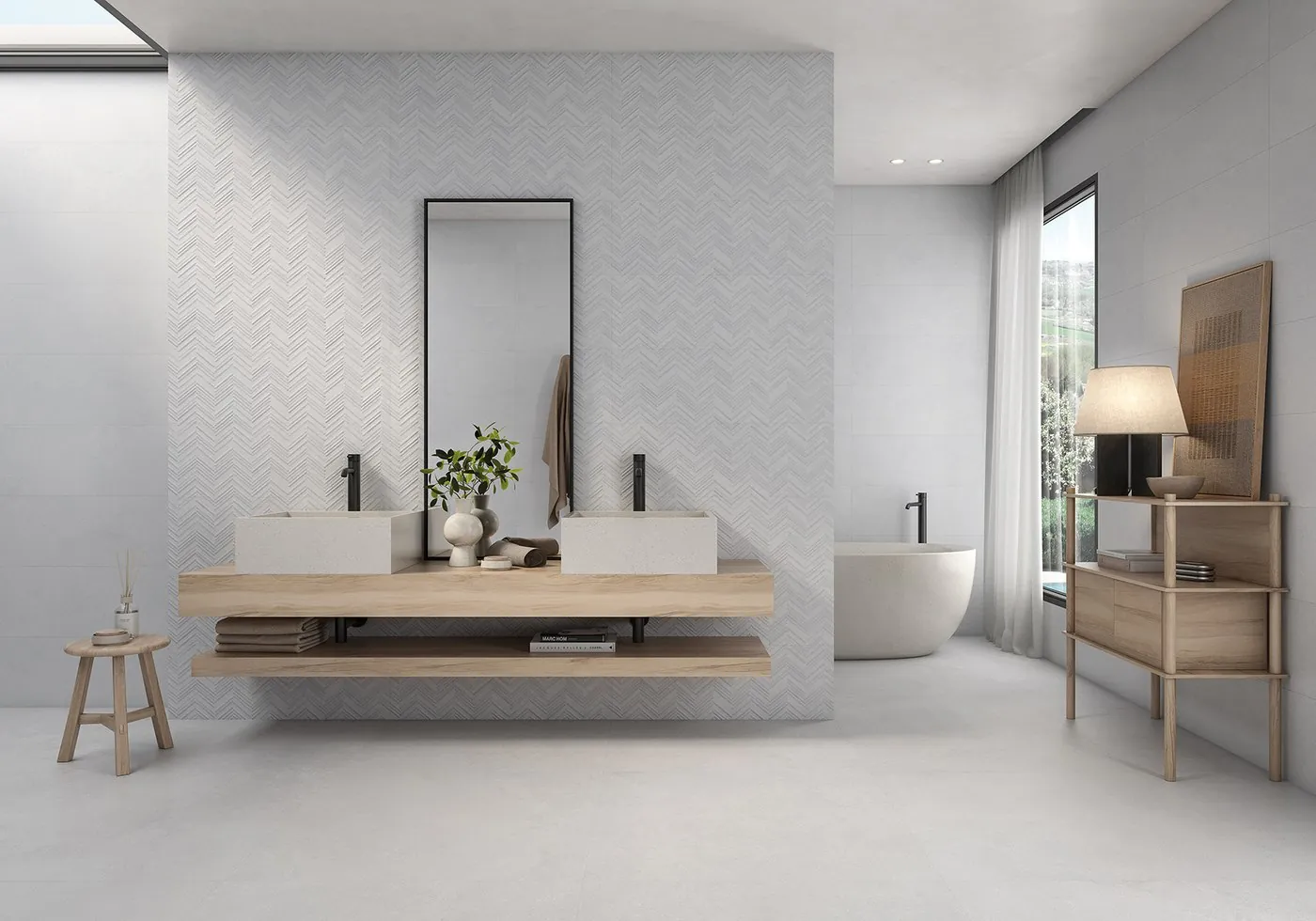 Contemporary bathroom with large-format ceramic finishes and timber furniture
