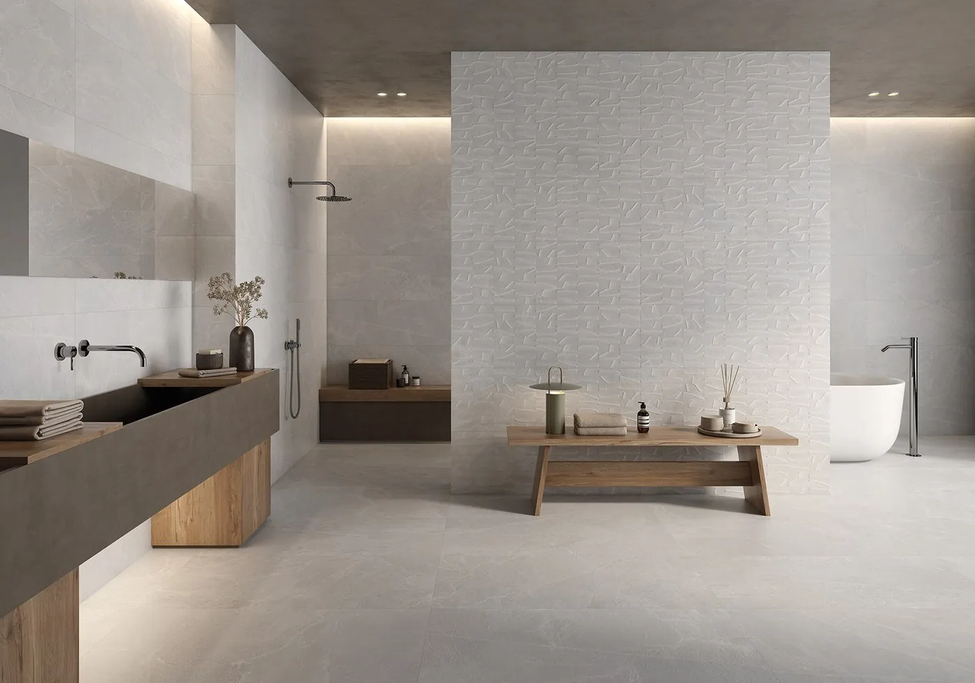 Architectural bathroom interior with neutral ceramic surfaces and recessed lighting